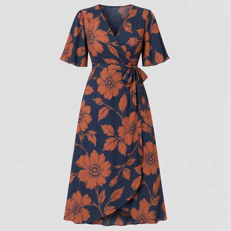 Product photo: navy wrap dress with a large terracotta floral print and short flutter sleeves