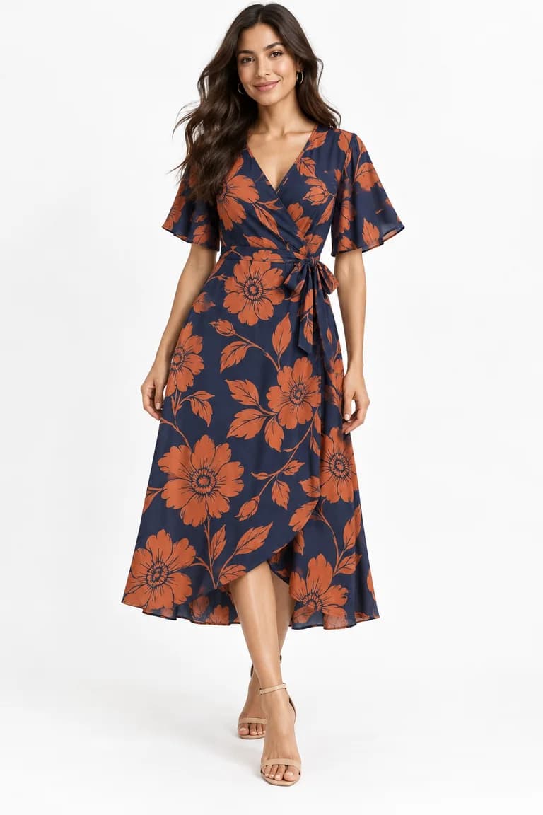 Dress Model result: AI model wearing the navy and terracotta floral wrap dress, full length, on a white background