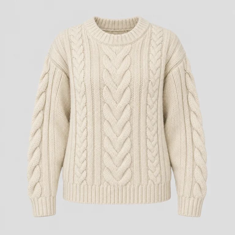 Product photo: cream crew-neck cable-knit sweater on a plain light background