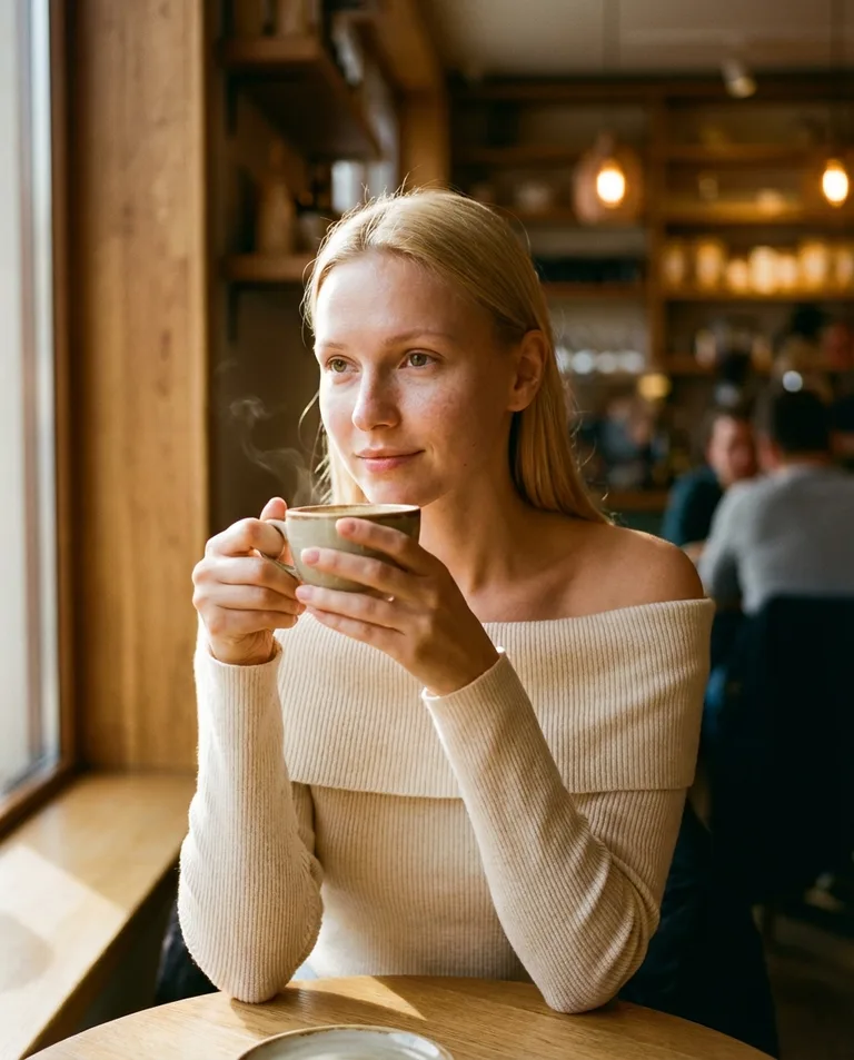 InstaShoot AI photo: woman in a cream off-shoulder sweater holding a coffee in a café