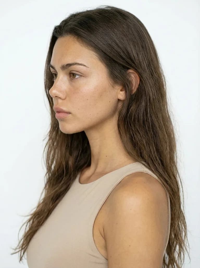 Model Creator reference: three-quarter view of a woman with long brown hair